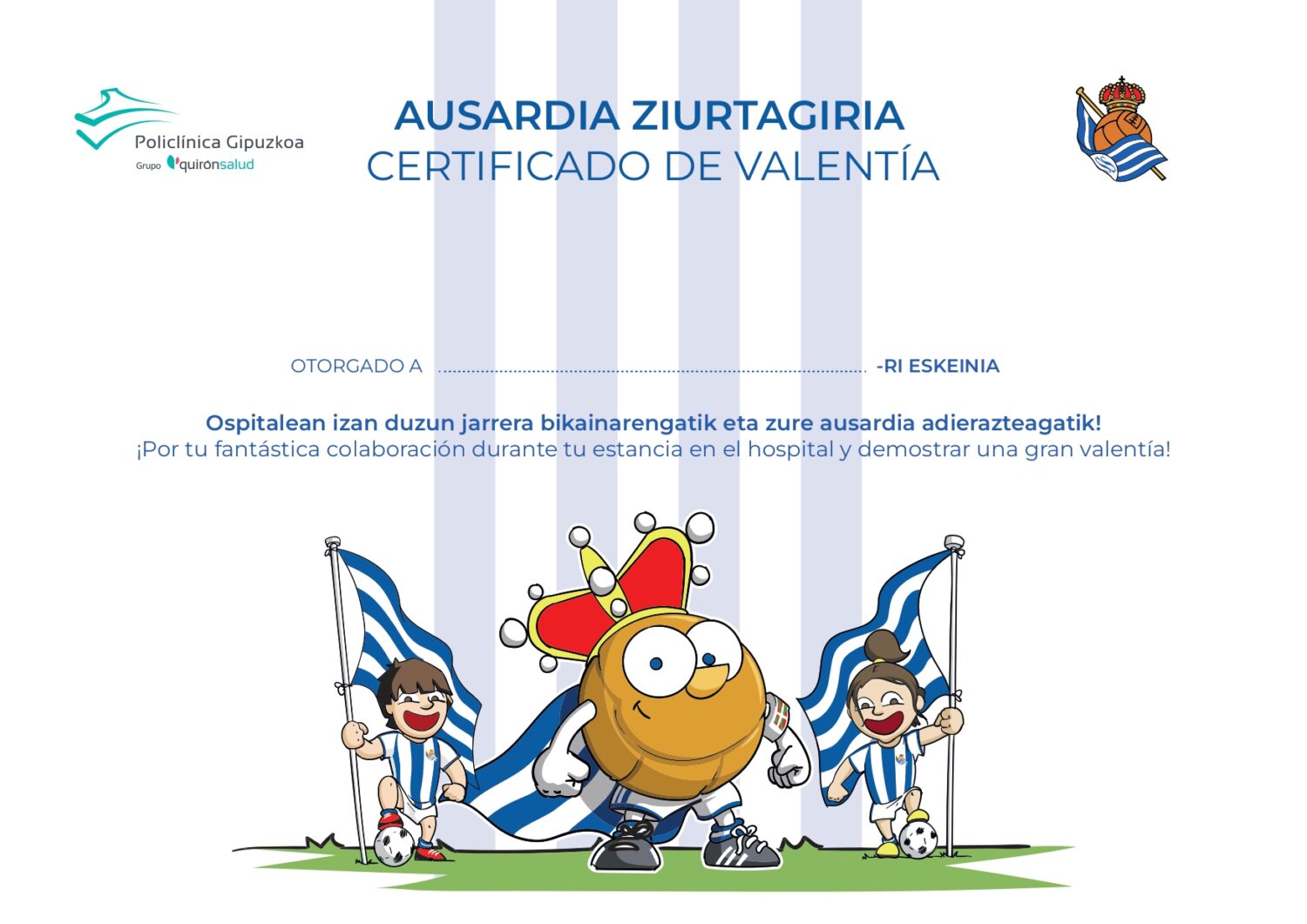 Certificado de Valentía para los pequeños que visiten Policlínica Gipuzkoa.